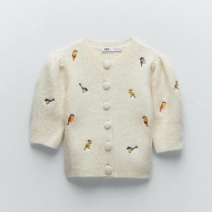 Zara Cream Cardigan with Bird Embroidery